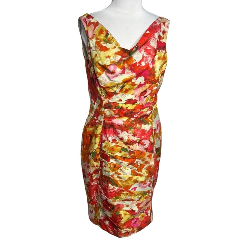 Theia‎ ruched panel sleeveless watercolor floral dress Sz 12